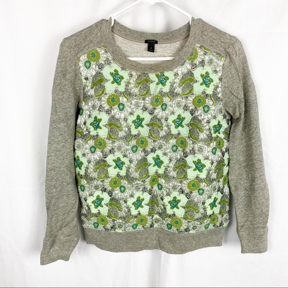 J. Crew Tops - J CREW Embellished Floral Grey & Green Sweatshirt